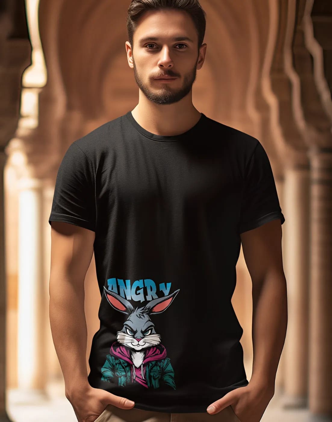 pnp angry bunny | men's regular fit white round neck black t shirt (copy)