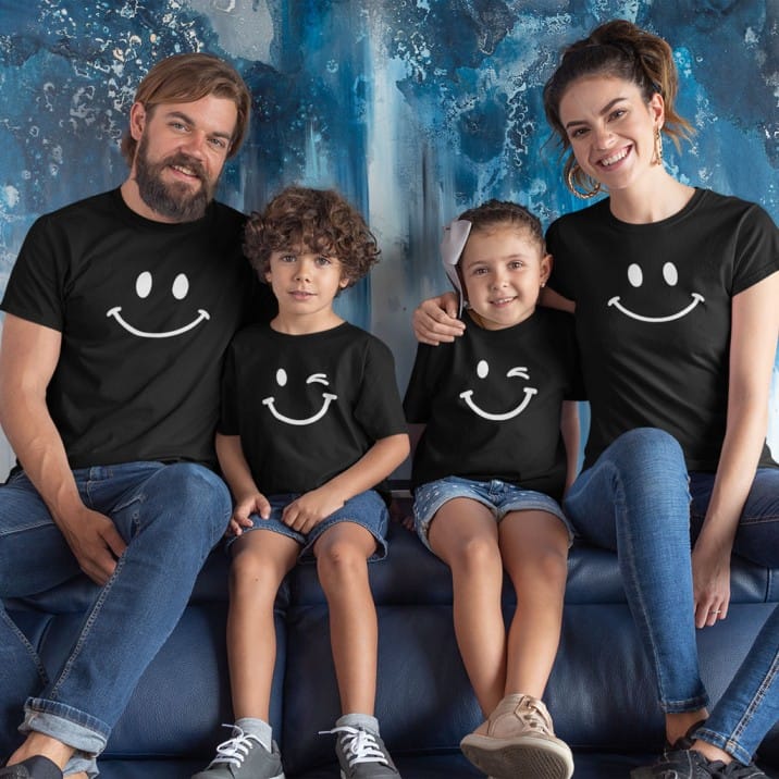 Smiley Family T-shirt for 4 – Matching Mom Dad Kid Combo by Prints N Plains