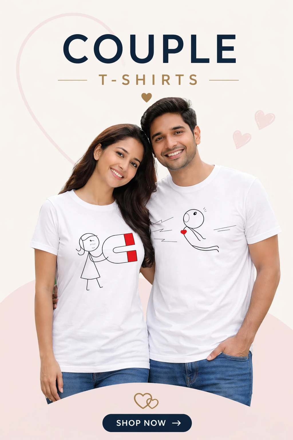 Couple wearing matching white love-themed t-shirts with cute magnet design, smiling together