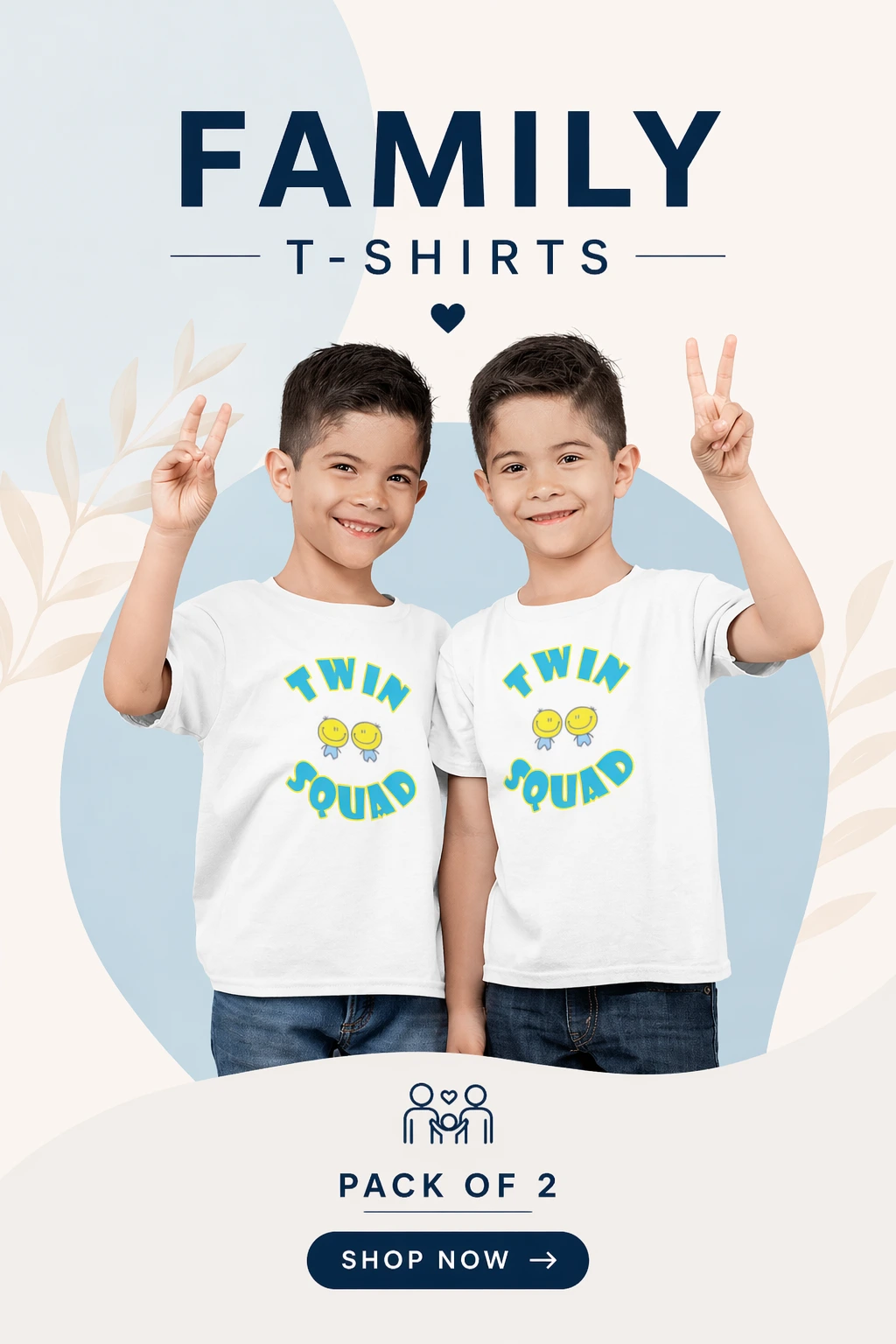 Kids wearing matching white twin squad family t-shirts pack of 2 for siblings or twins